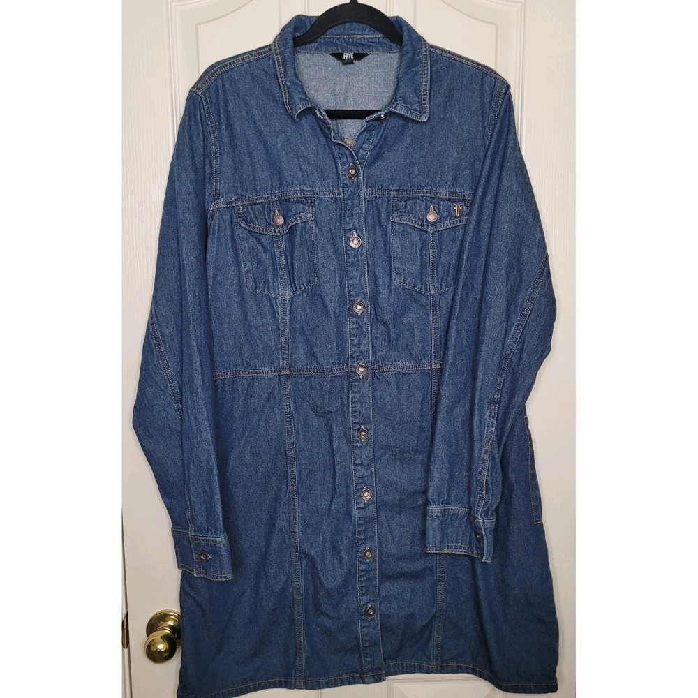 Frye Dark Denim Dress 100% Cotton Button-Up Long Sleeve Side Pockets XL Western - Picture 2 of 8